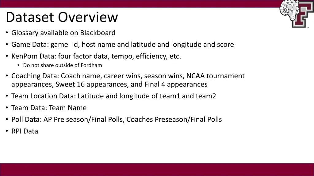 dataset overview glossary available on blackboard