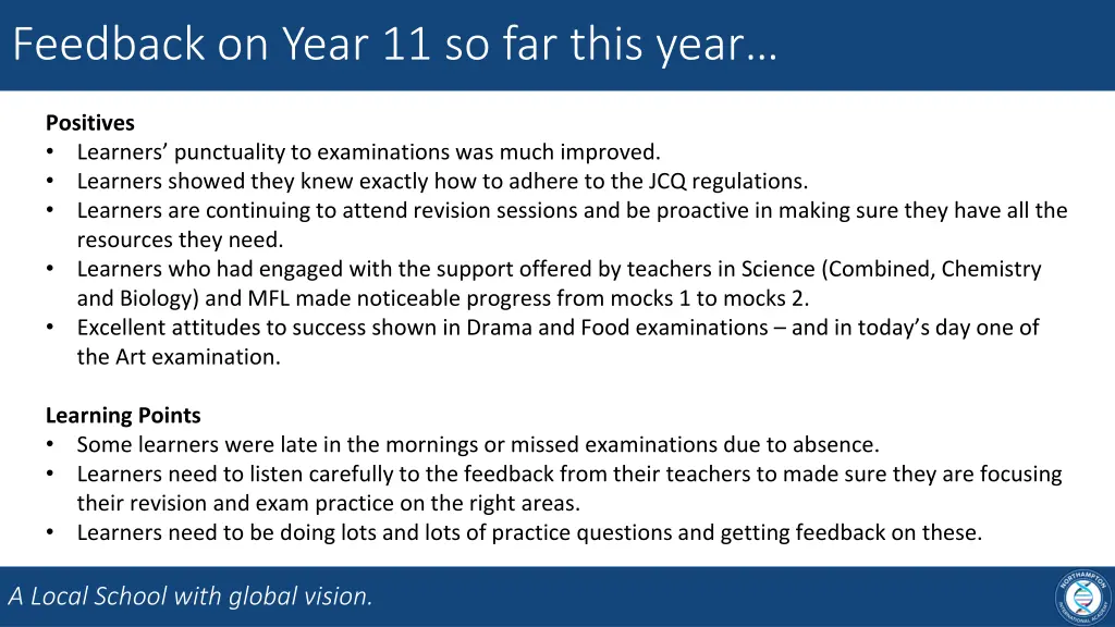 feedback on year 11 so far this year