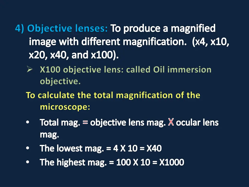 4 objective lenses to produce a magnified image