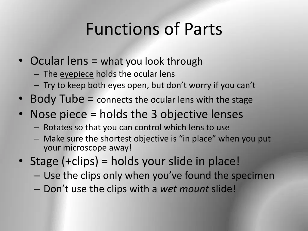 functions of parts