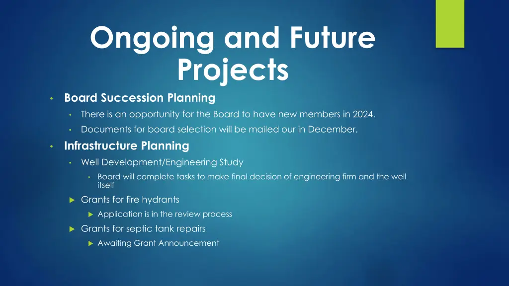 ongoing and future projects board succession