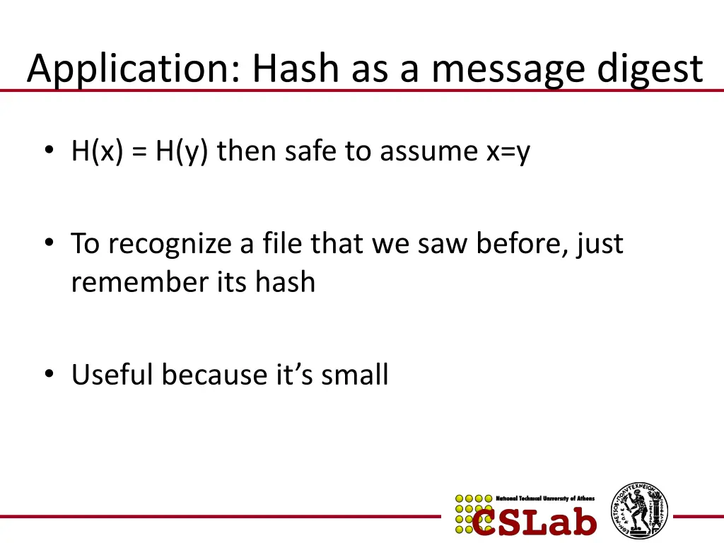 application hash as a message digest