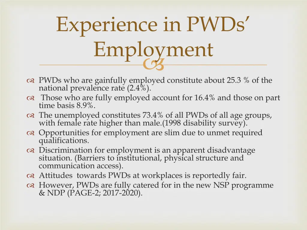 experience in pwds employment