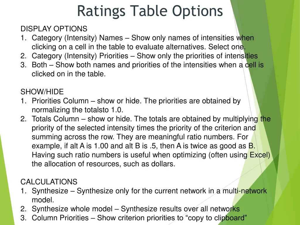 ratings table options