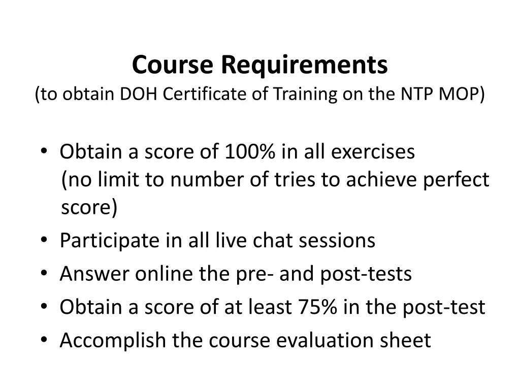 course requirements to obtain doh certificate