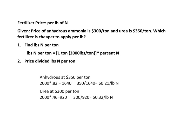 fertilizer price per lb of n