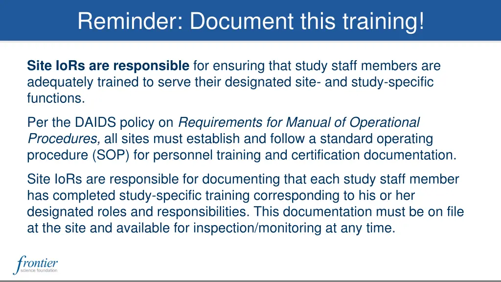 reminder document this training