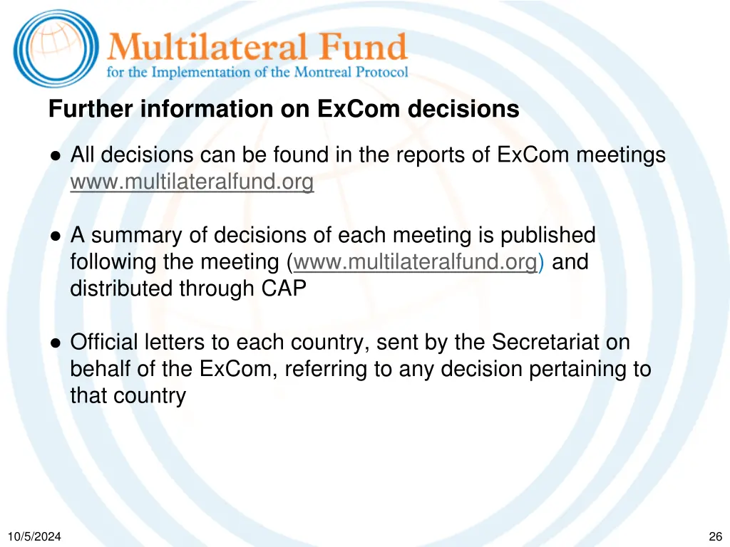 further information on excom decisions