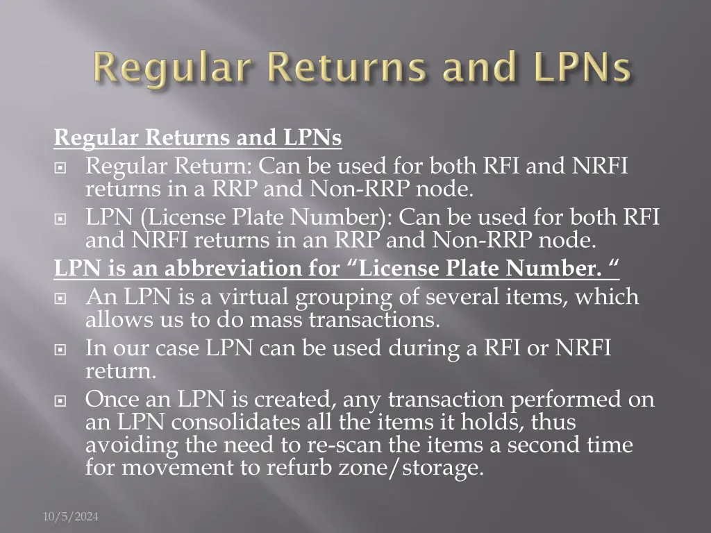 regular returns and lpns regular return