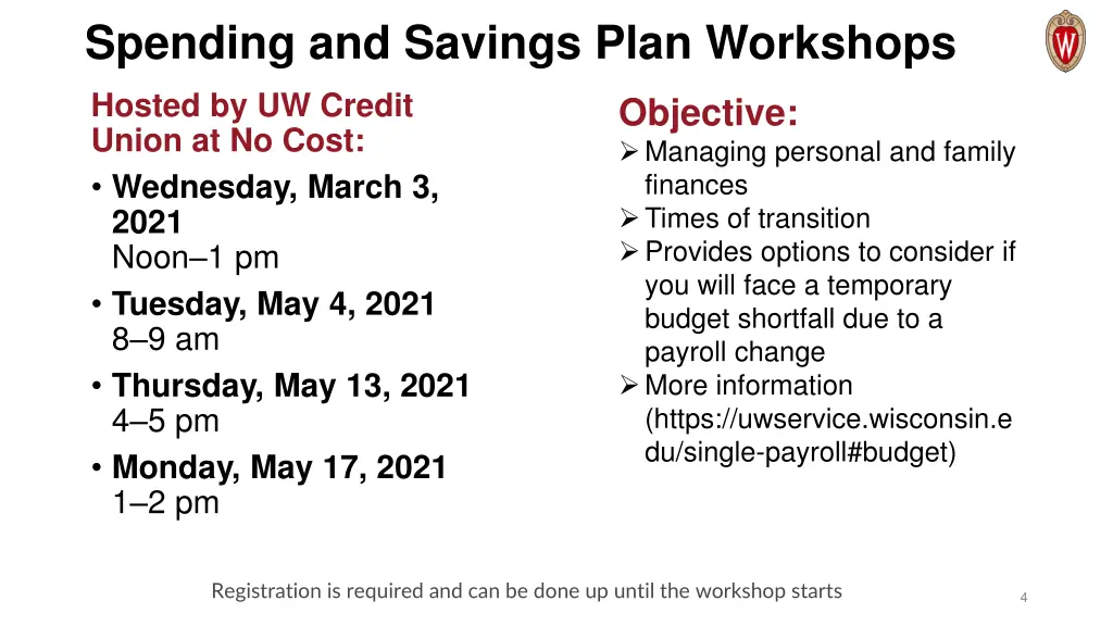 spending and savings plan workshops hosted