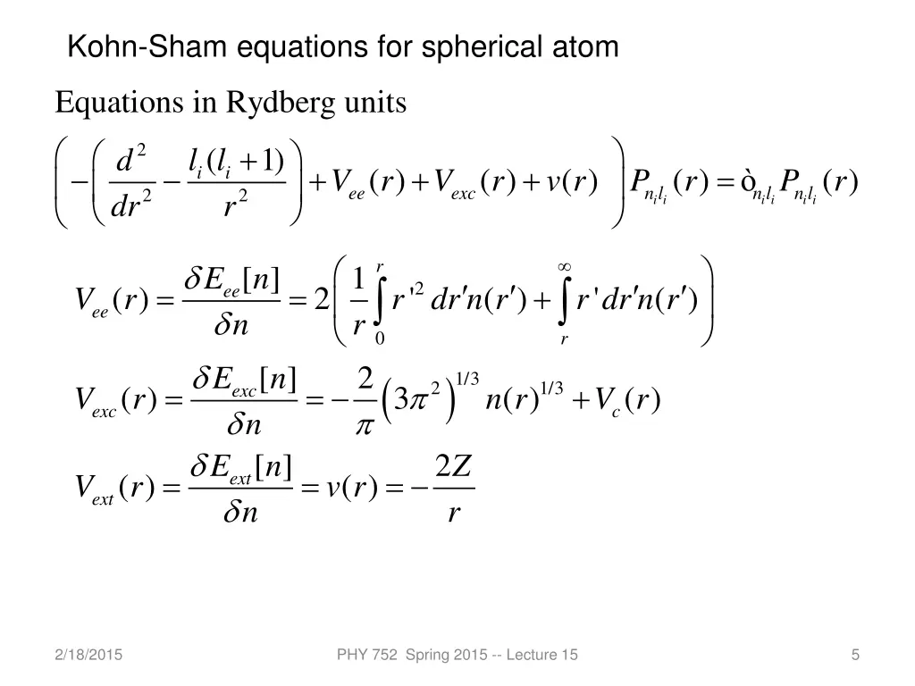 kohn sham equations for spherical atom