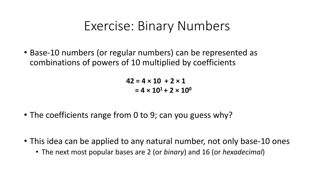 exercise binary numbers