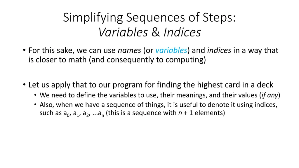 simplifying sequences of steps variables indices