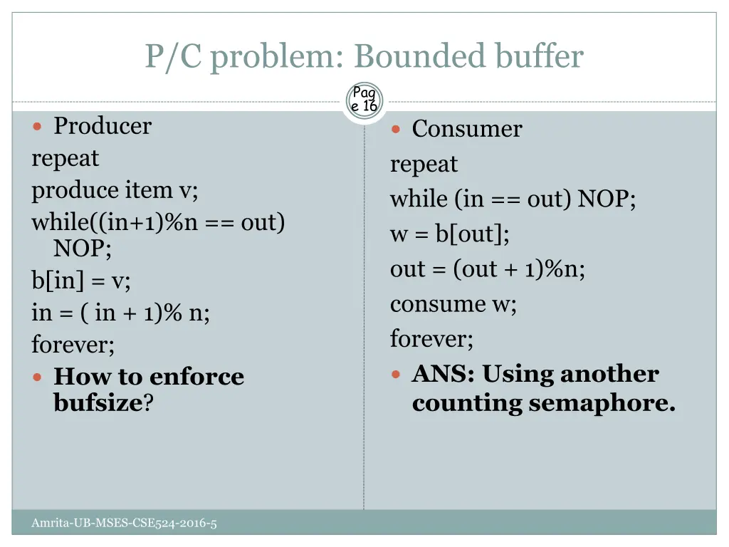 p c problem bounded buffer pag e 16 producer