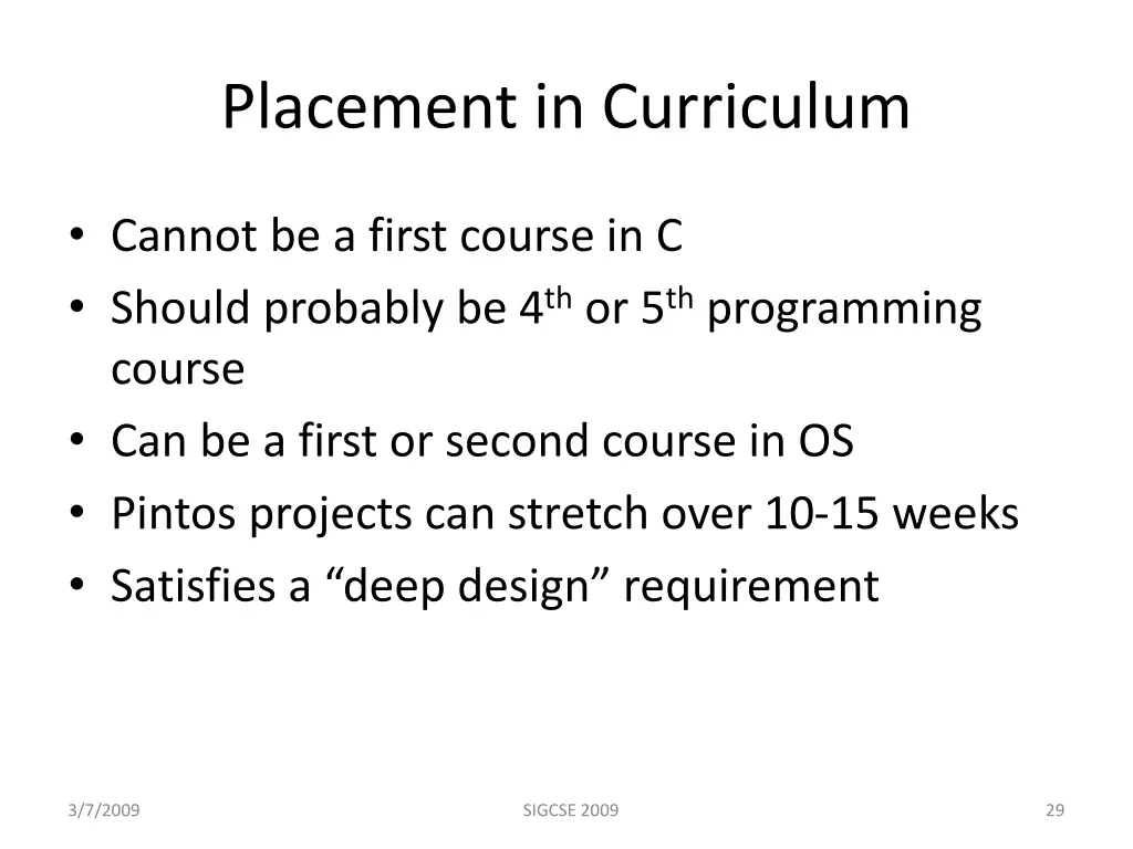 placement in curriculum