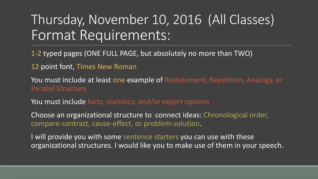 thursday november 10 2016 all classes format