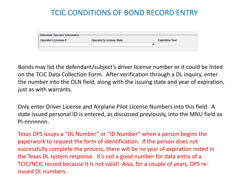 tcic conditions of bond record entry 9