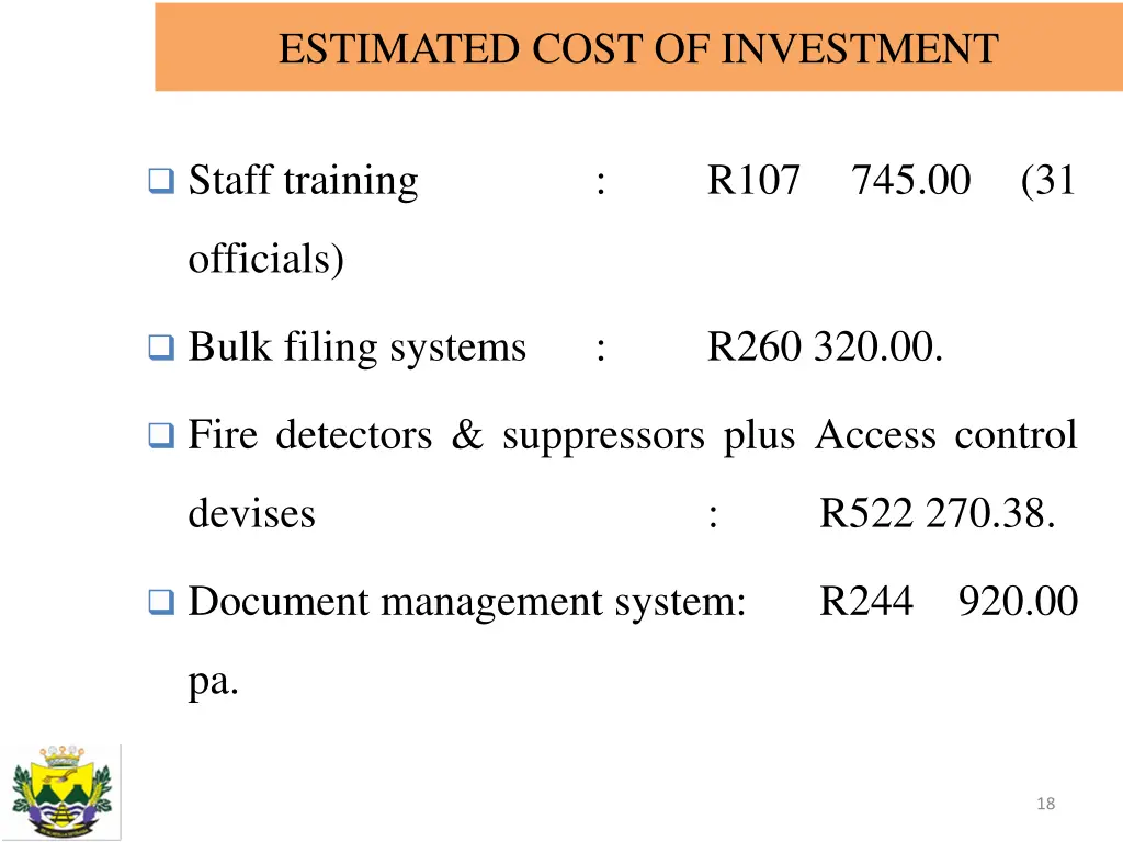 estimated cost of investment