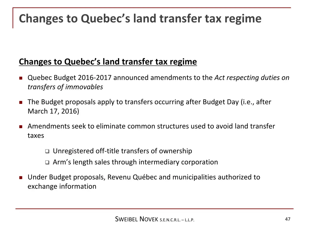 changes to quebec s land transfer tax regime