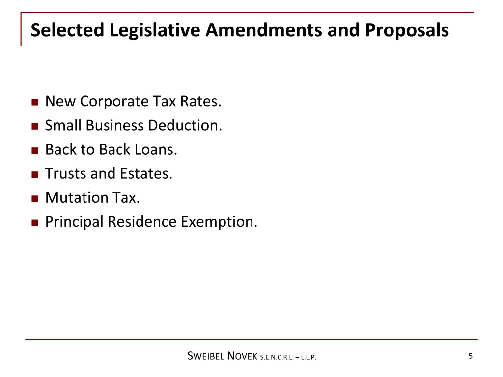 selected legislative amendments and proposals