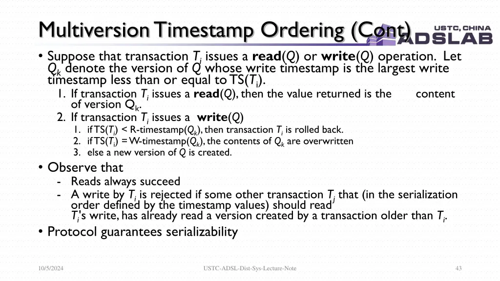 multiversiontimestamp ordering cont suppose that