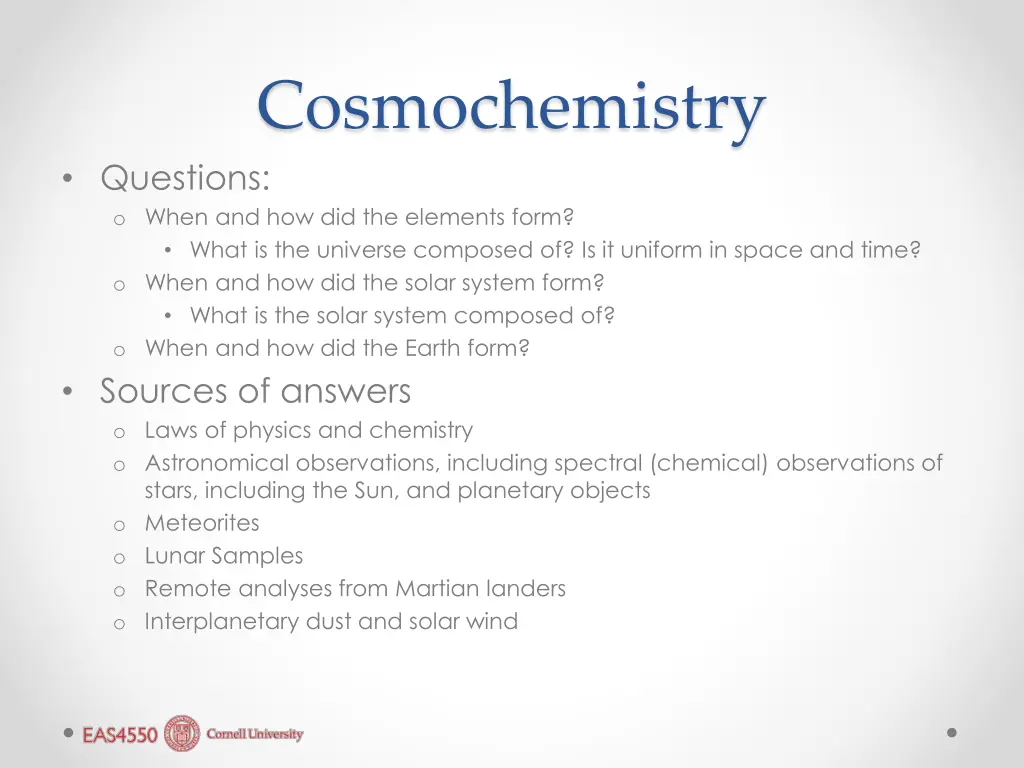 cosmochemistry questions o when