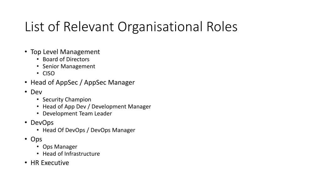 list of relevant organisational roles