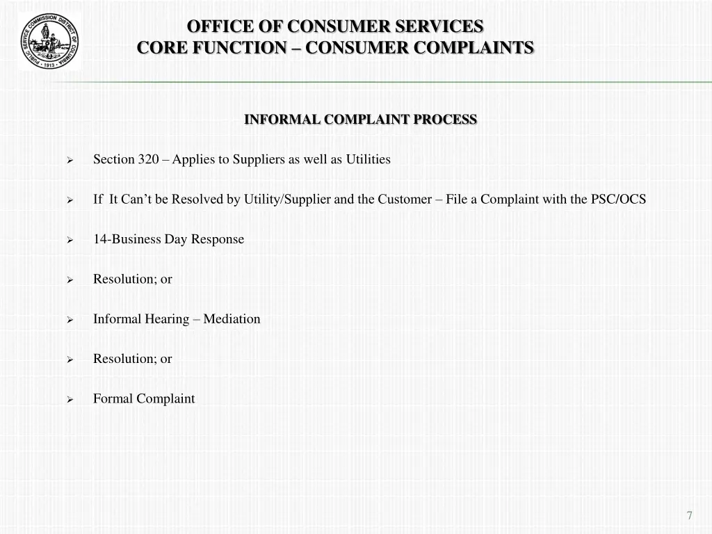 office of consumer services core function