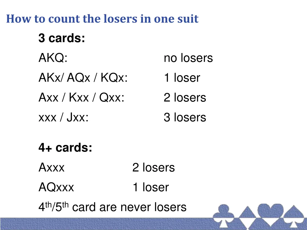 how to count the losers in one suit 3 cards