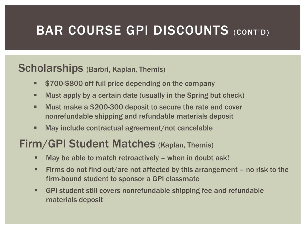 bar course gpi discounts cont d