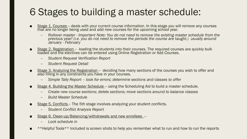 6 stages to building a master schedule