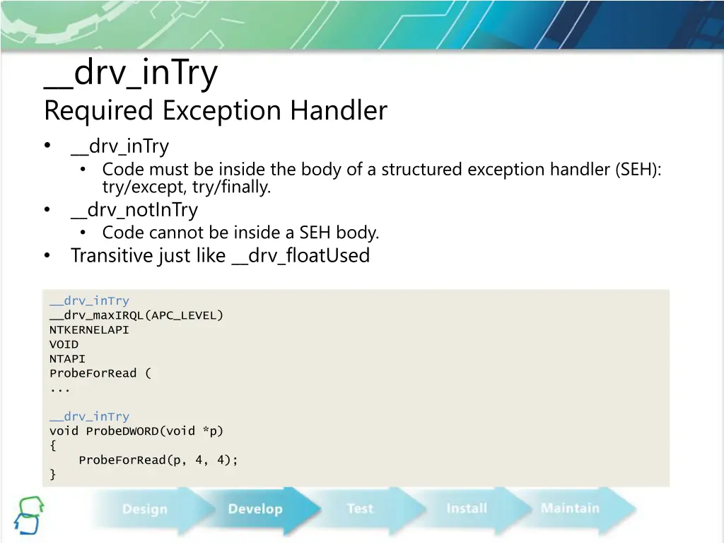 drv intry required exception handler