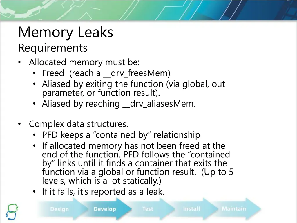 memory leaks requirements allocated memory must