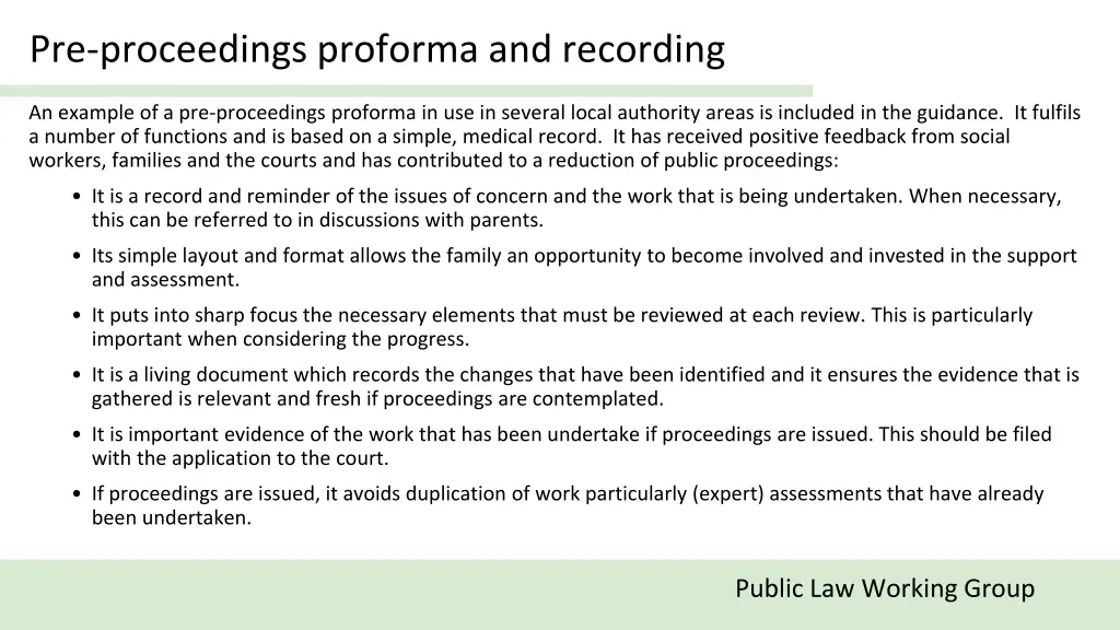 pre proceedings proforma and recording