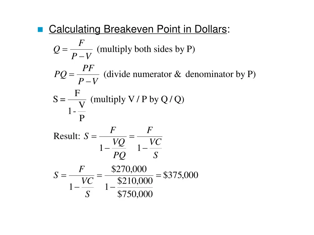 calculating breakeven point in dollars