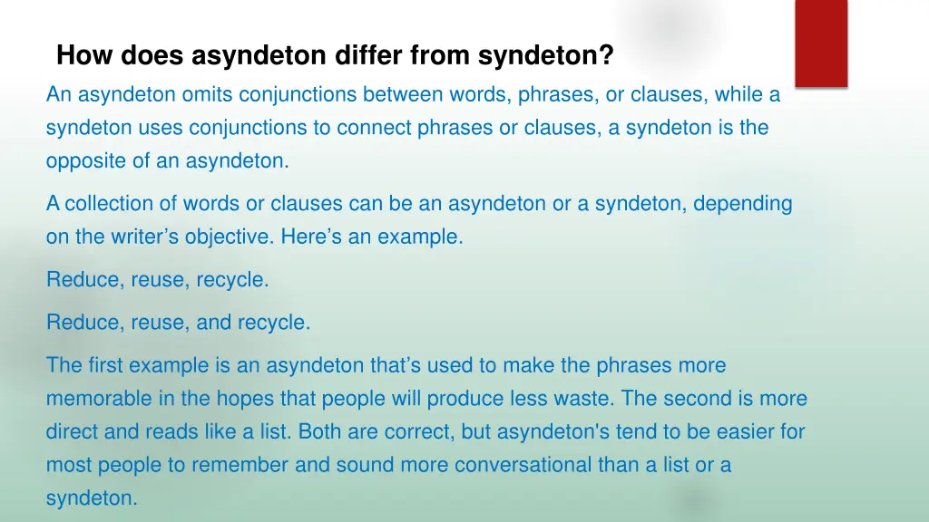 how does asyndeton differ from syndeton