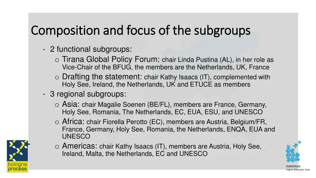 composition and focus of the subgroups