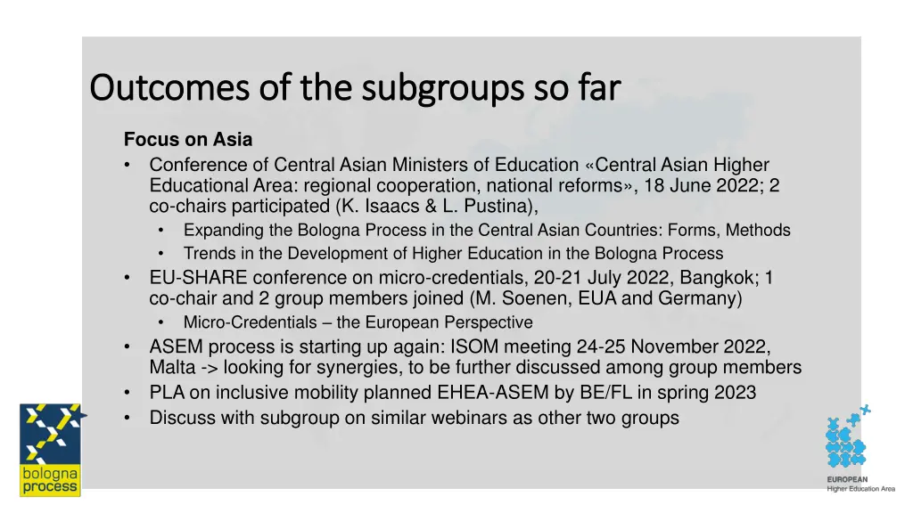 outcomes of the subgroups so far outcomes