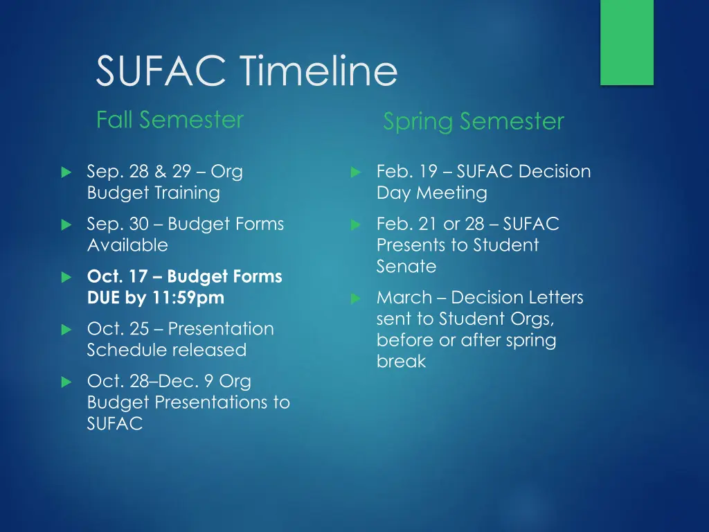 sufac timeline fall semester