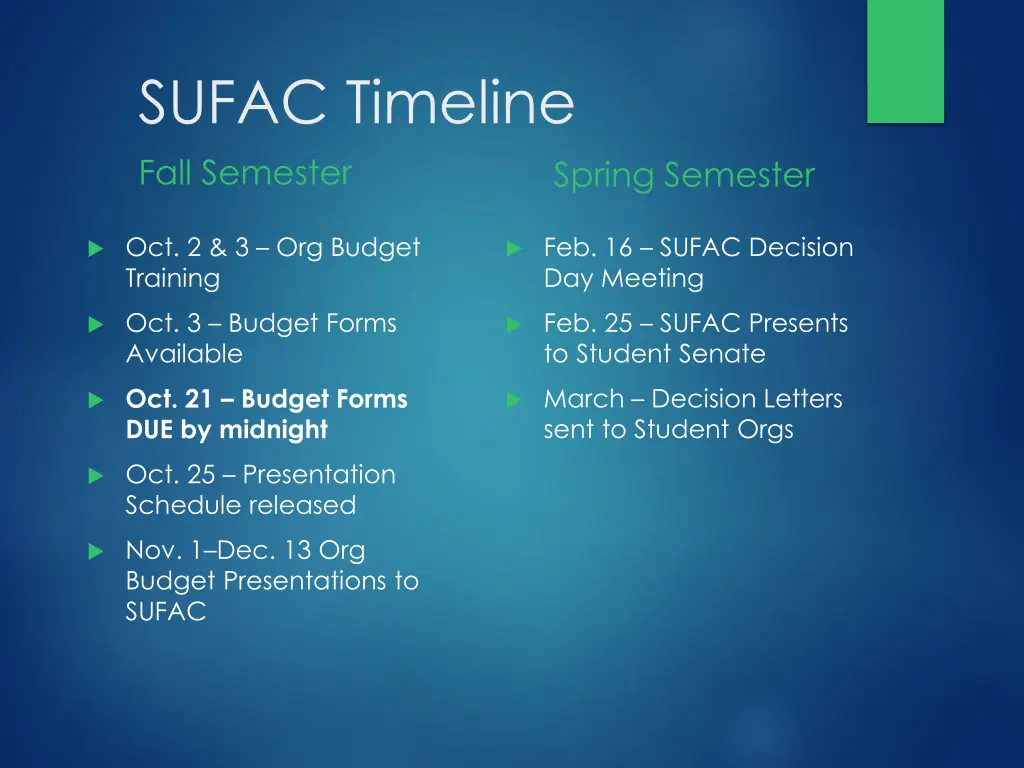 sufac timeline fall semester