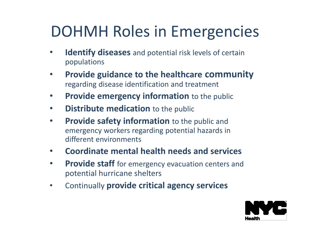 dohmh roles in emergencies