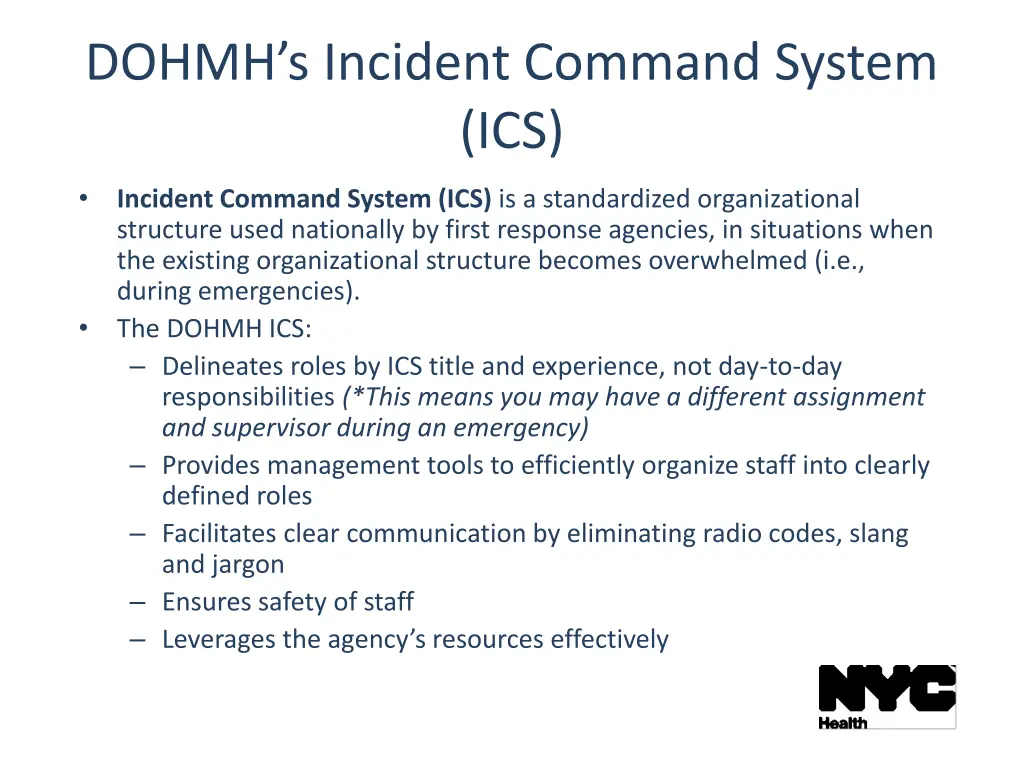 dohmh s incident command system ics