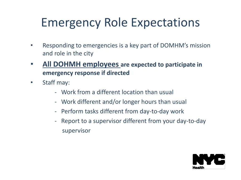 emergency role expectations