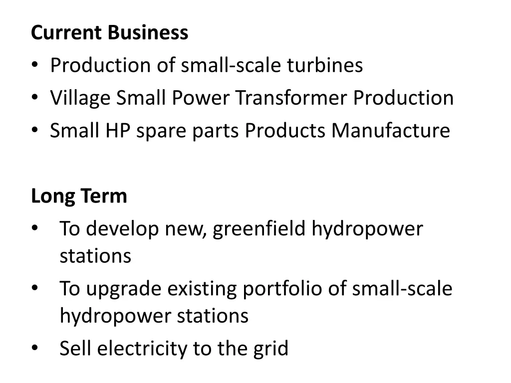 current business production of small scale