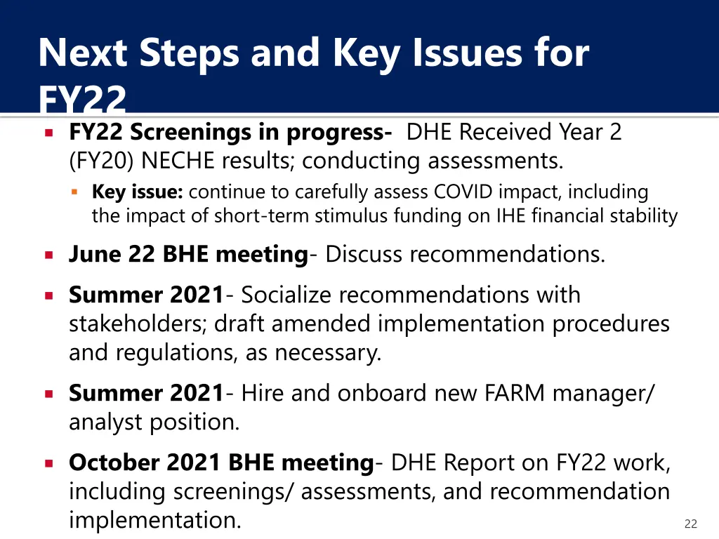 next steps and key issues for fy22