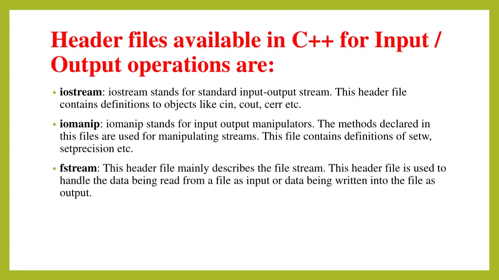 header files available in c for input output