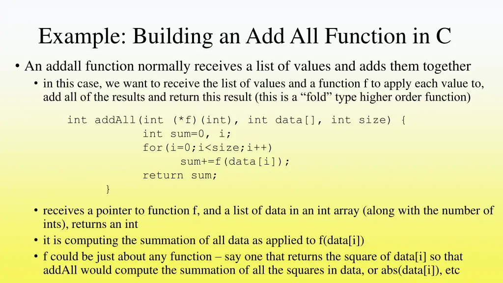 example building an add all function in c