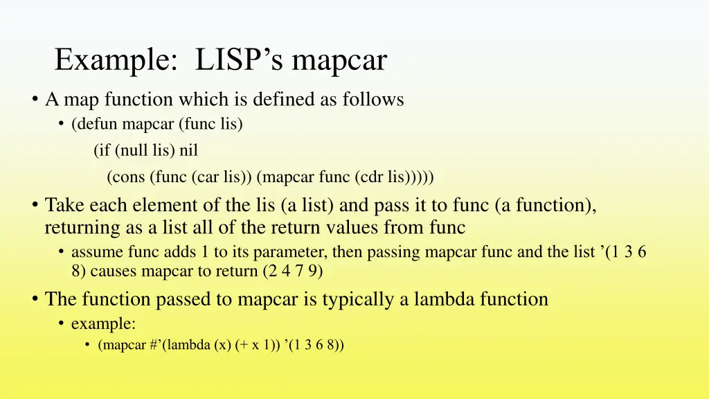 example lisp s mapcar a map function which