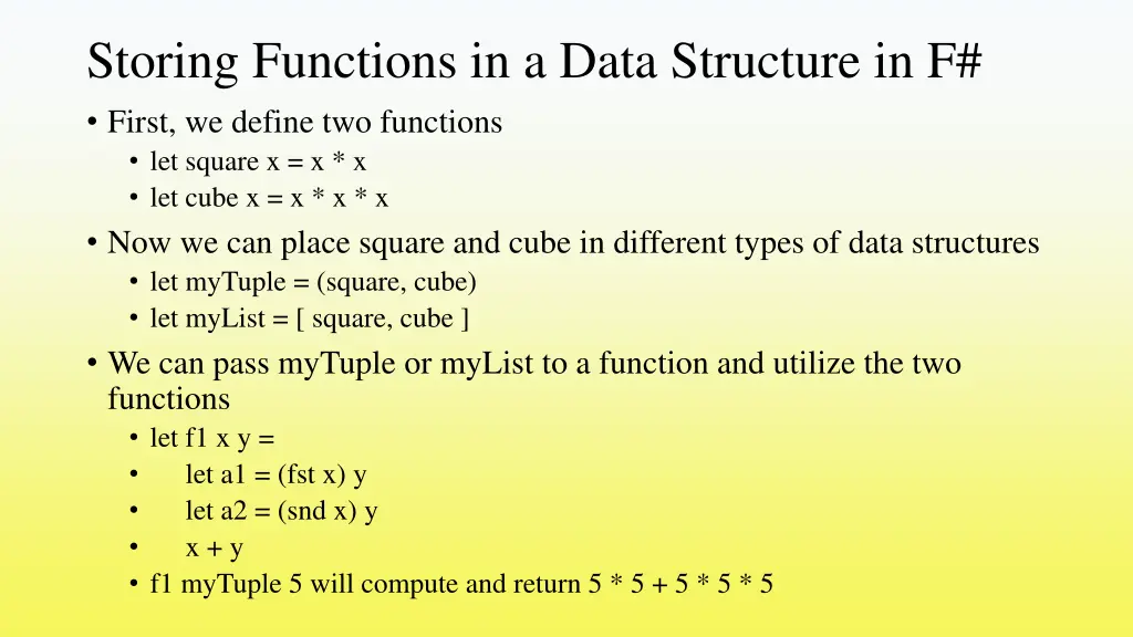 storing functions in a data structure in f first