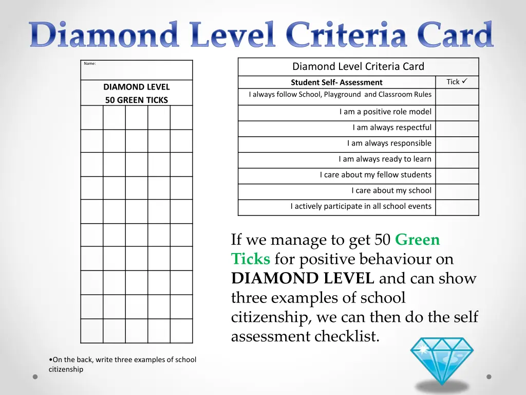 diamond level criteria card